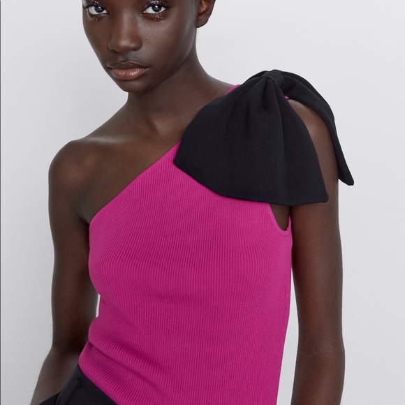 Zara Tops Zara Asymmetric Bodycon One Shoulder Top W Bow Poshmark